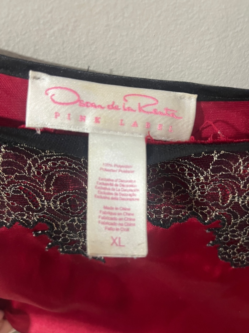Oscar de la Renta Vintage Red Satin Chemise with Black Lace - Picture 2 of 9